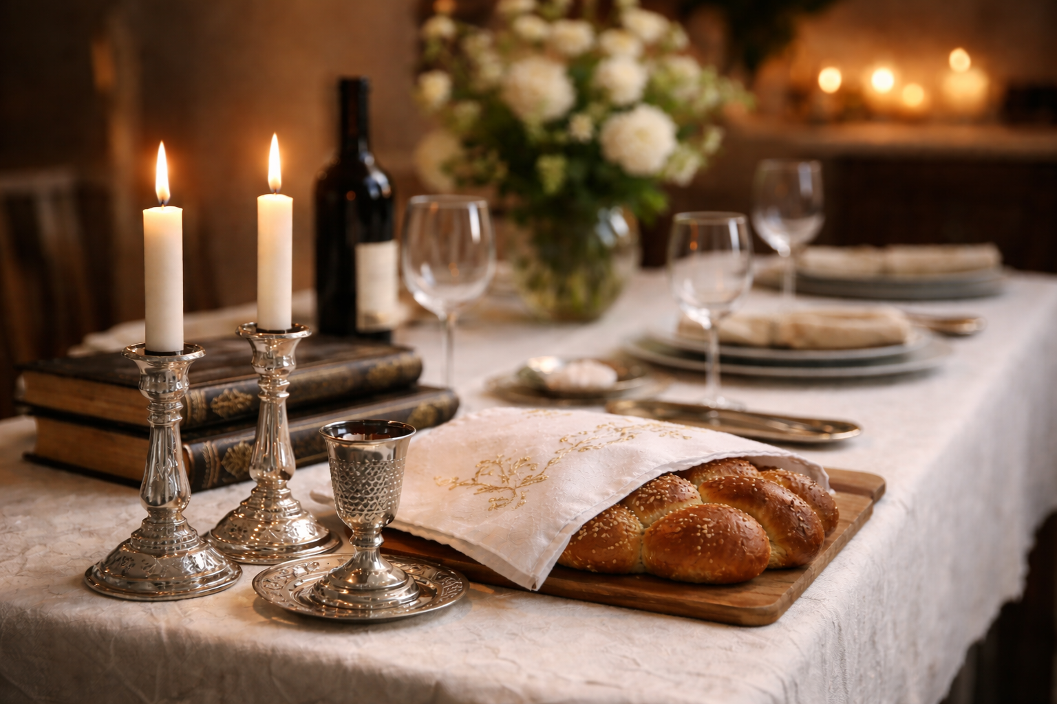 Shabbat table set with candles, challah, kiddush cup, and wine at Ava Torah Judaism