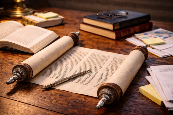 Open Torah scroll with yad pointer on a wooden table