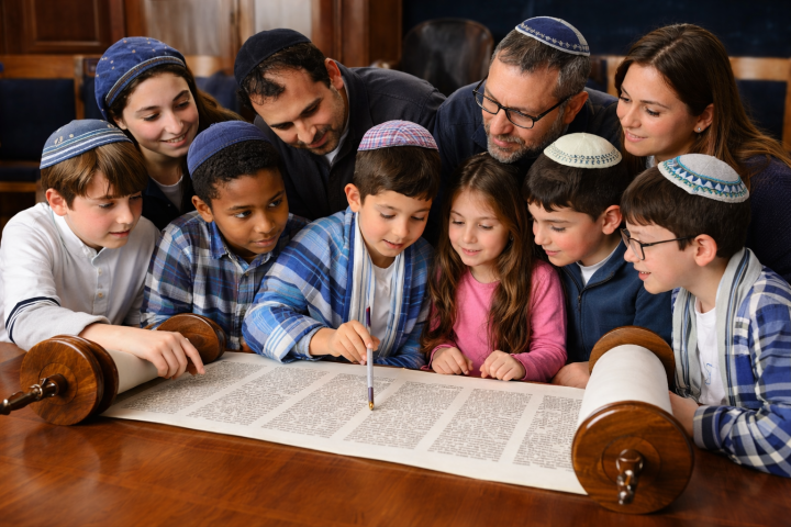 Adults and children studying Torah together around a table