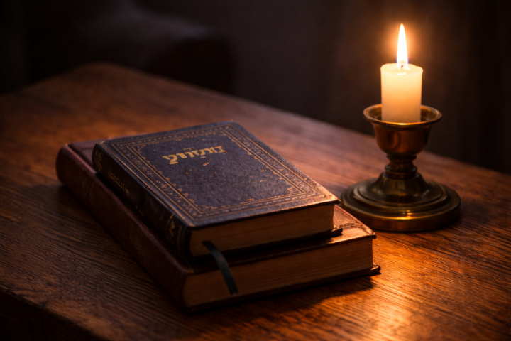 Prayer book beside a lit candle representing spiritual support and Jewish prayer